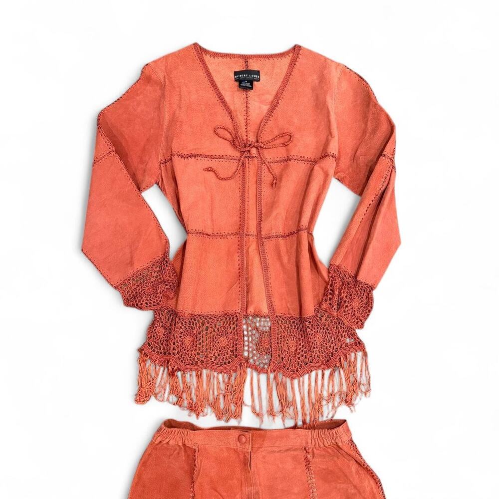 RARE 70s Italian Coral 100% Suede Fringe Two Piece Boho Western Set Size M - Picture 5 of 8